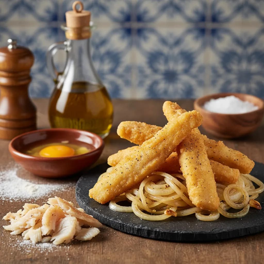 Iscas de Bacalhau Fritas com Cebolada
