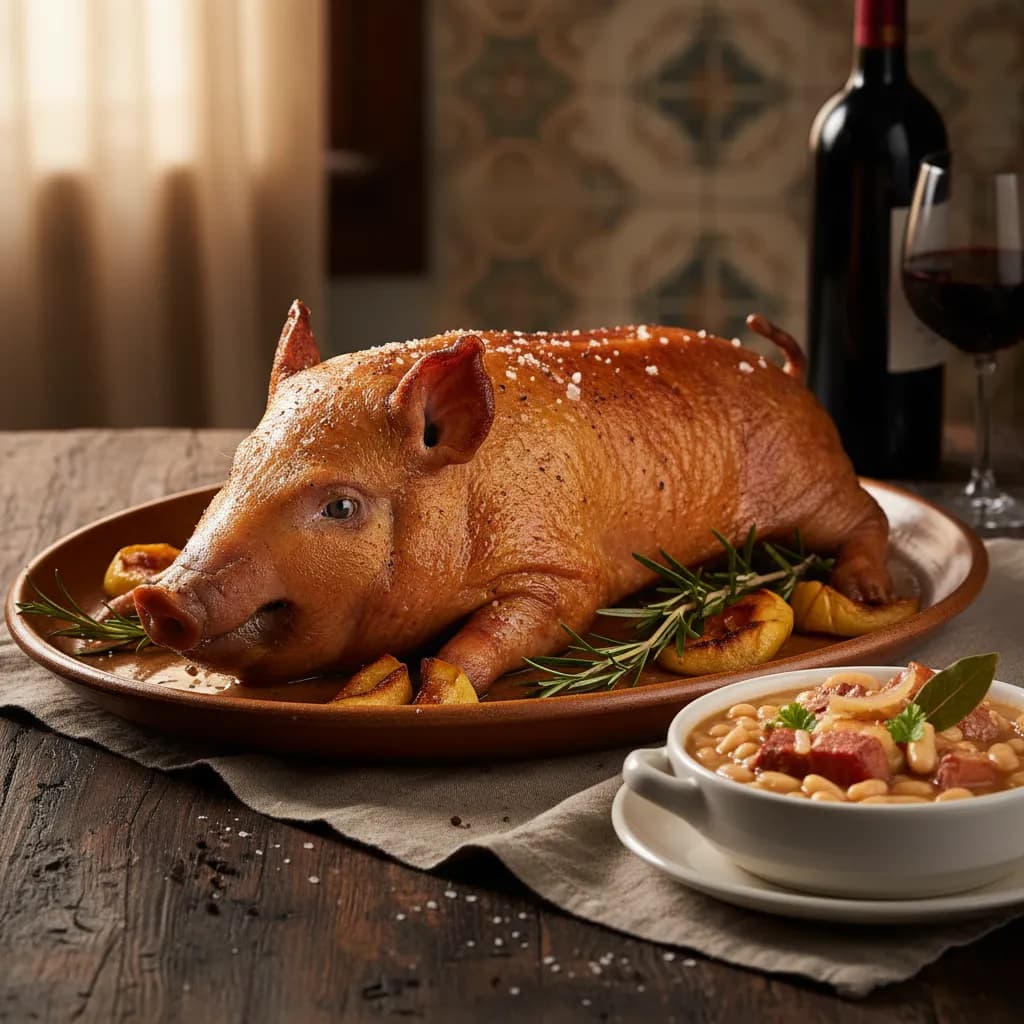 Leitão Assado com Feijão Branco