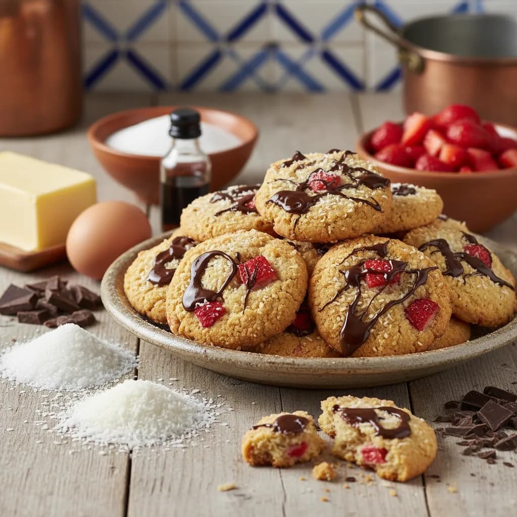 Bolachas de Coco, Morango e Chocolate