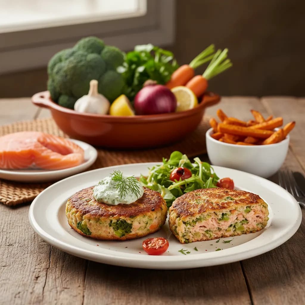 Hambúrgueres de Salmão e Legumes