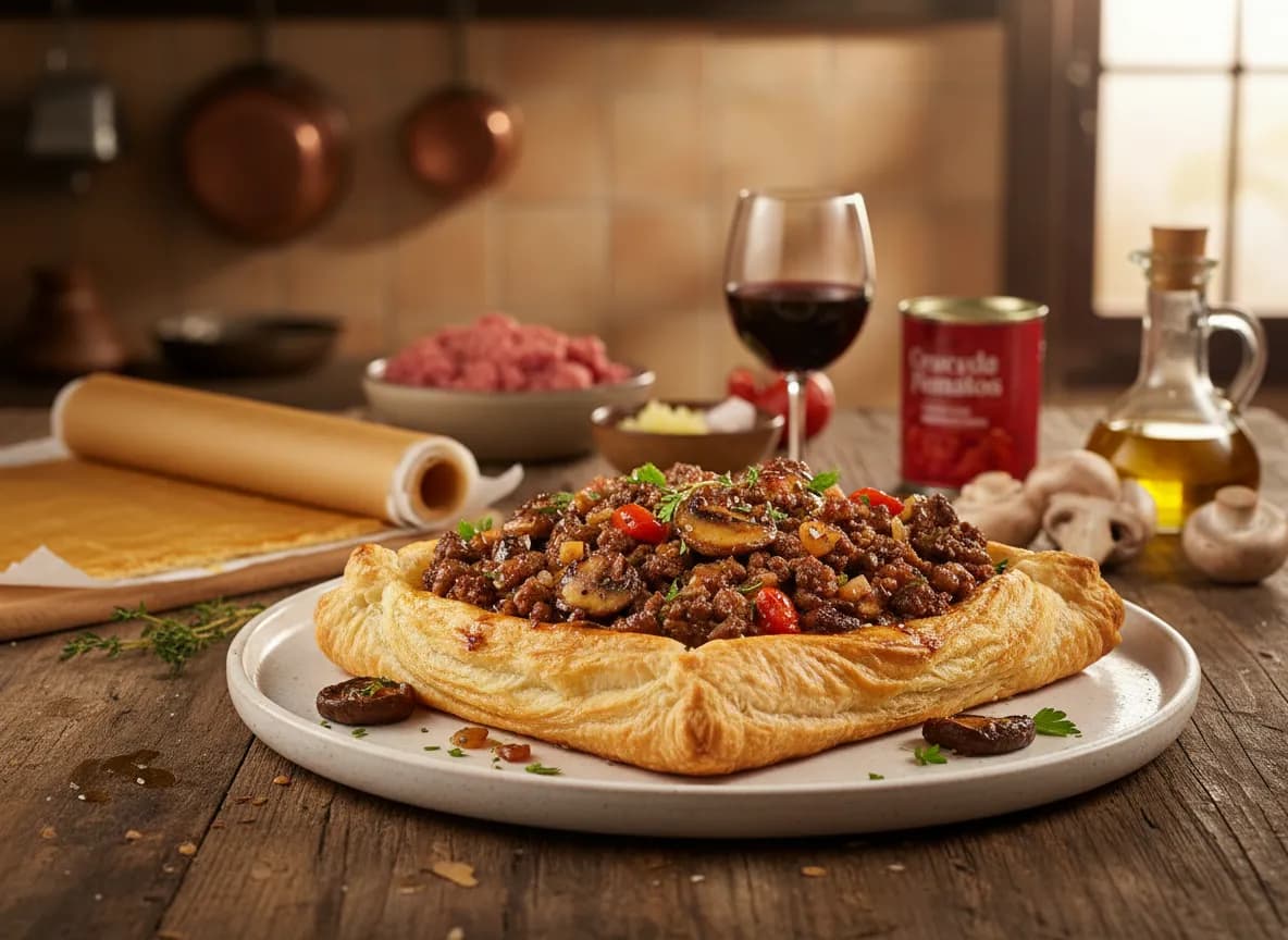 Tarte Folhada de Carne e Cogumelos