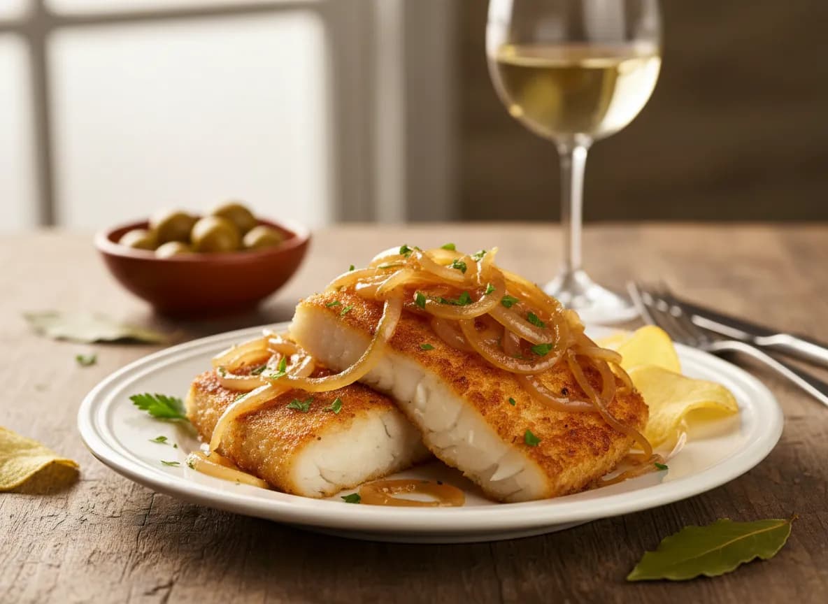 Postas de Bacalhau Fritas com Cebolada