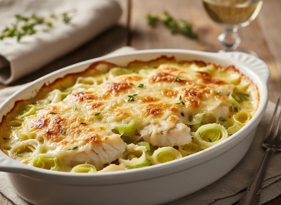 Gratinado de Pescada com Alho Francês