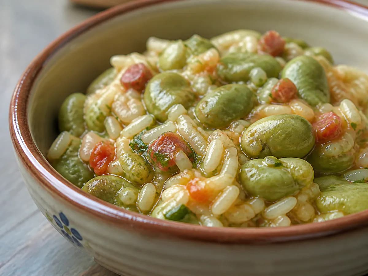 Pormenor de uma porção de Arroz de Favas com Coentros