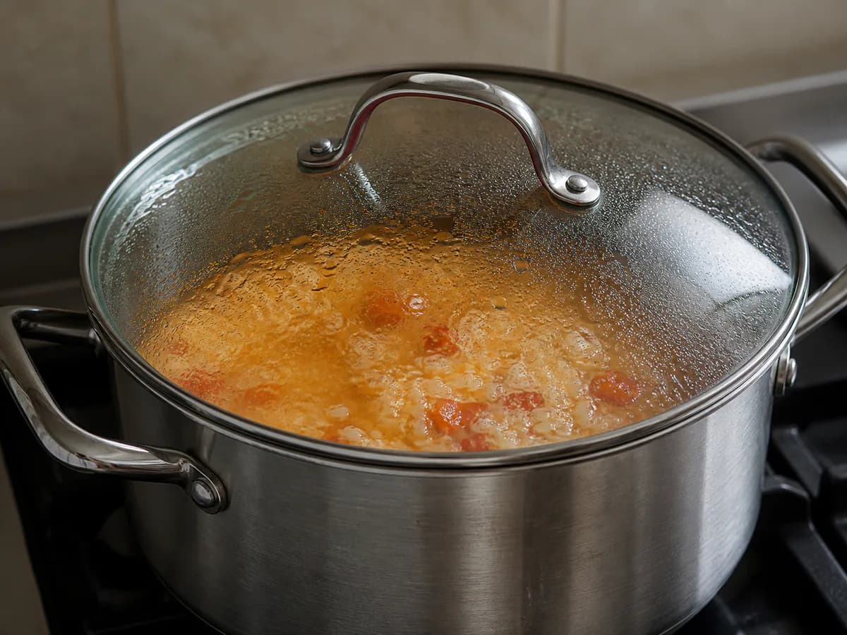 Preparação de Arroz de Gambas Cremoso durante a confeção