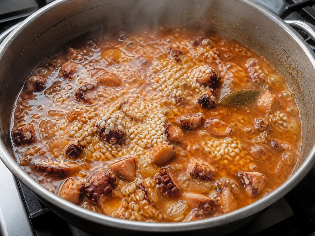 Preparação de Arroz de Polvo Caldoso durante a confeção