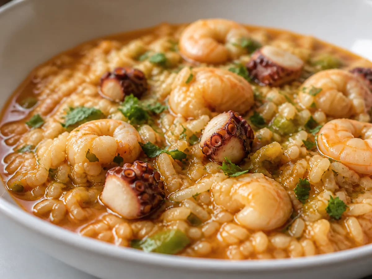 Pormenor de uma porção de Arroz de Polvo com Camarão