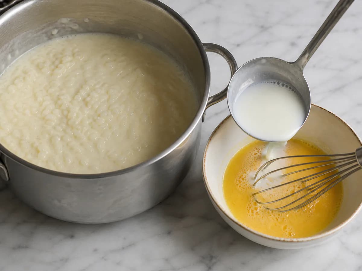 Preparação de Arroz Doce com Duas Gemas durante a confeção