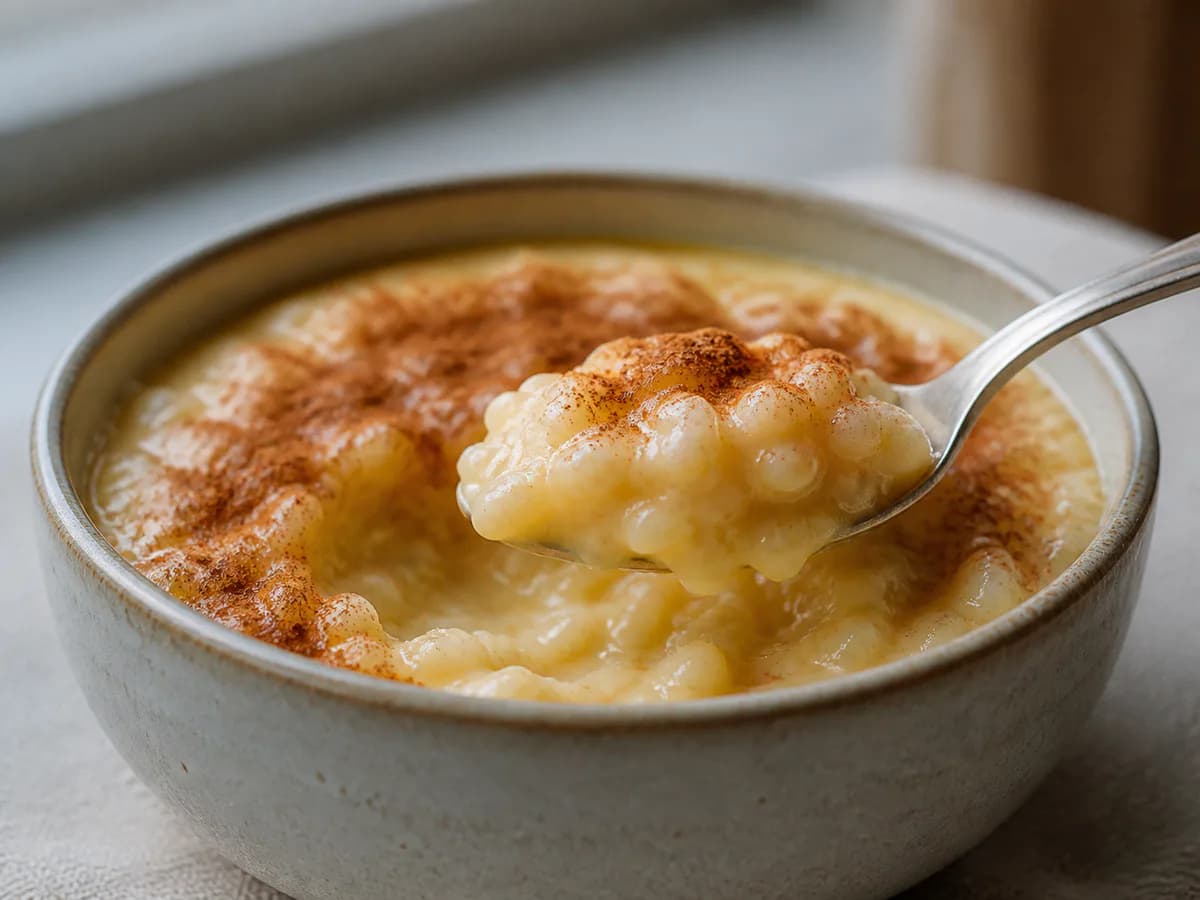 Pormenor de uma porção de Arroz Doce Maravilha