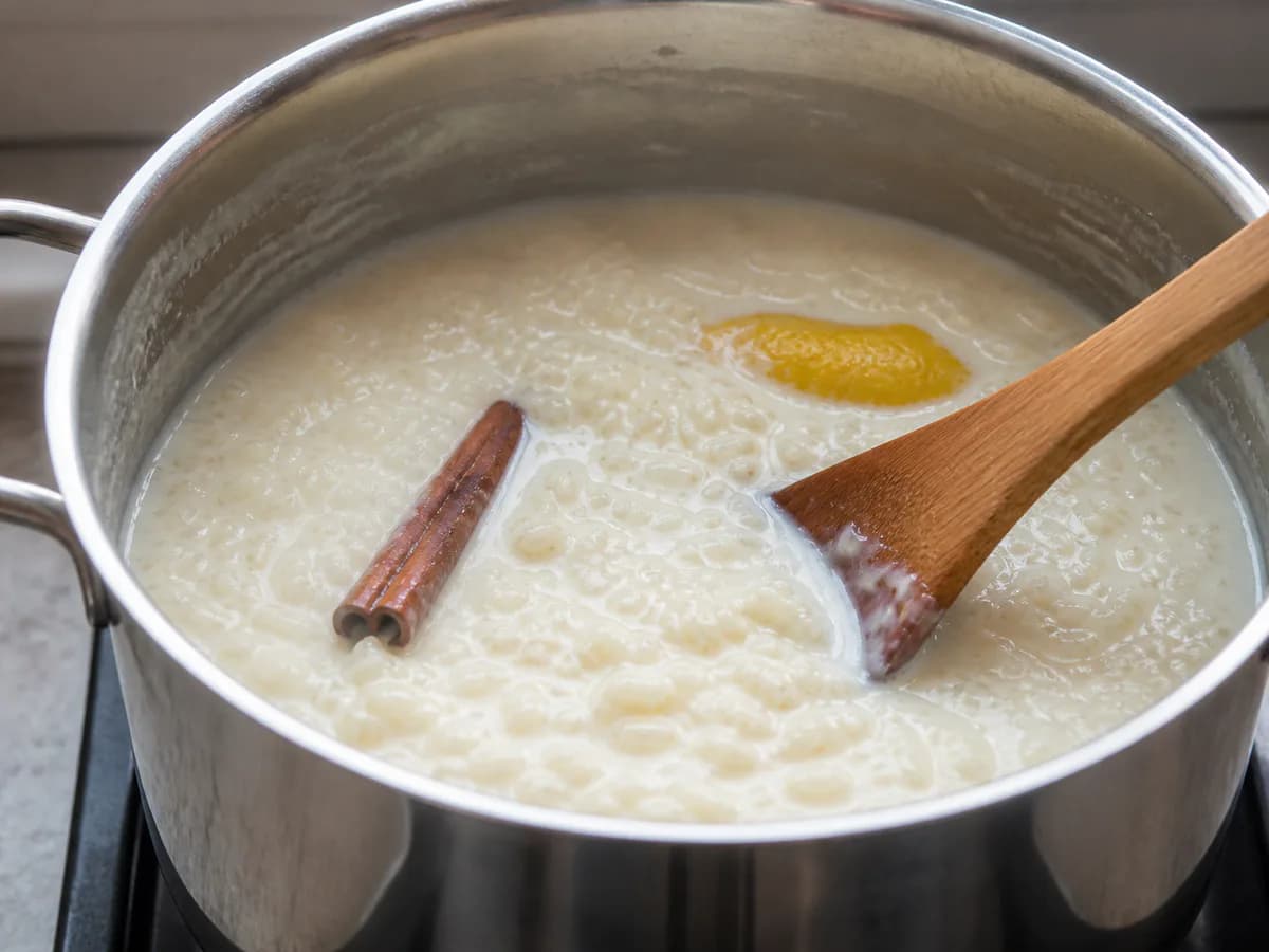 Preparação de Arroz Doce Português durante a confeção