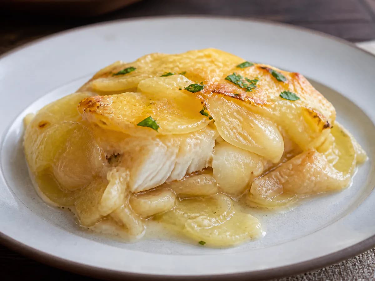 Pormenor de uma porção de Bacalhau à Maria Teresa