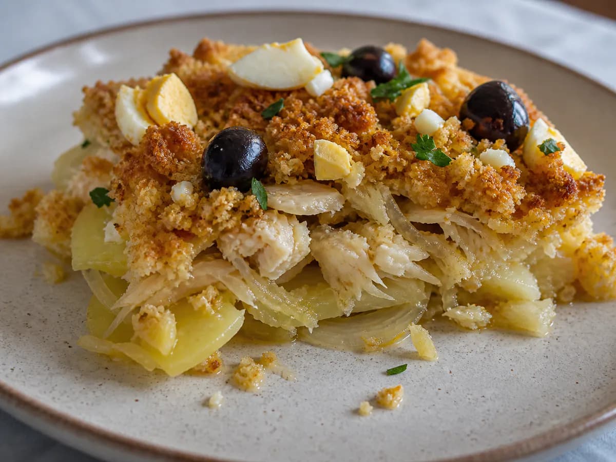 Pormenor de uma porção de Bacalhau com Broa e Batata
