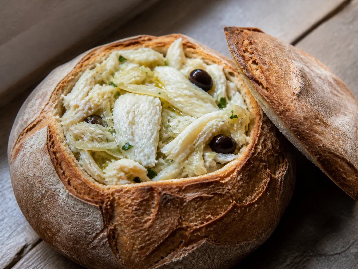 Pormenor de uma porção de Bacalhau no Pão