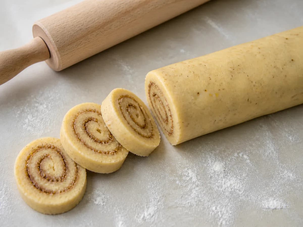 Preparação de Biscoitos de Limão e Canela Cortados em Rolo durante a confeção