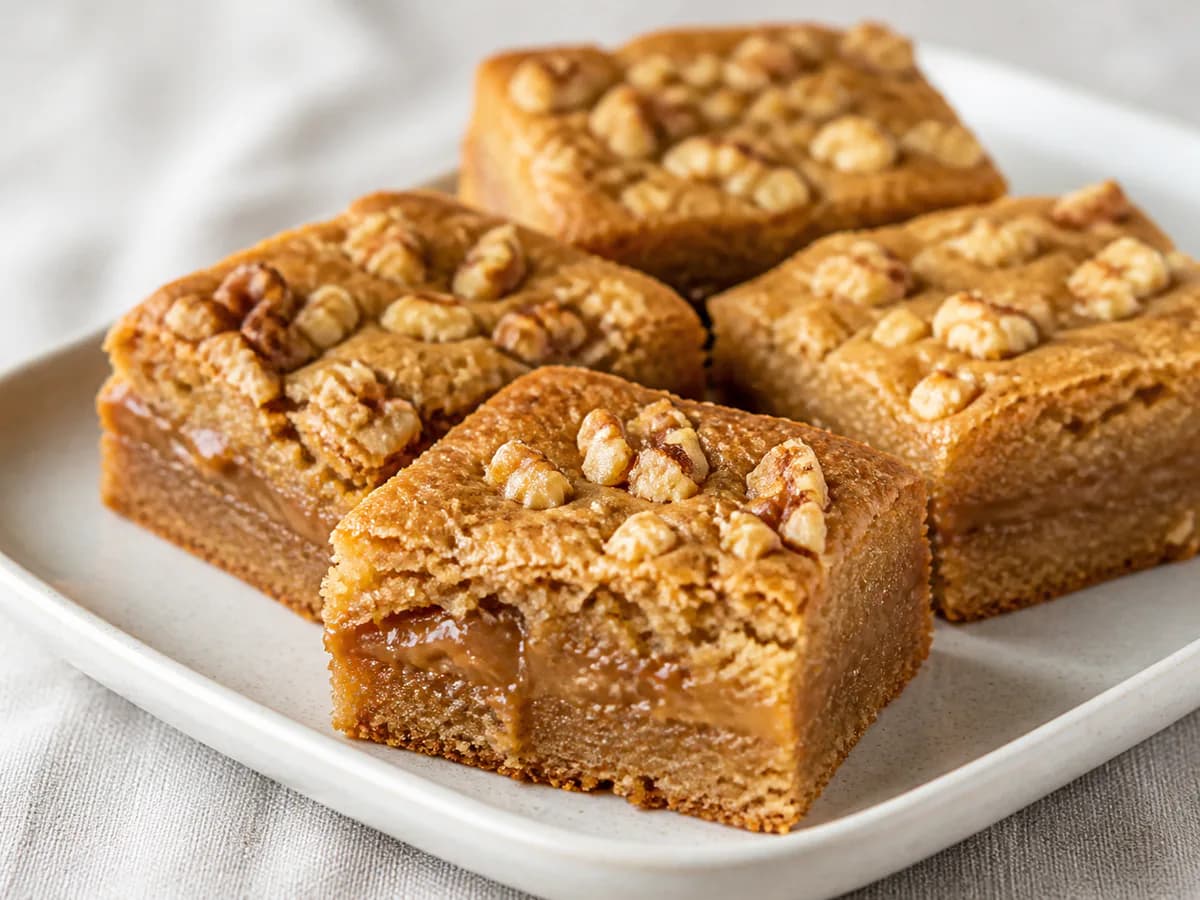 Pormenor de uma porção de Blondies de Doce de Leite e Nozes