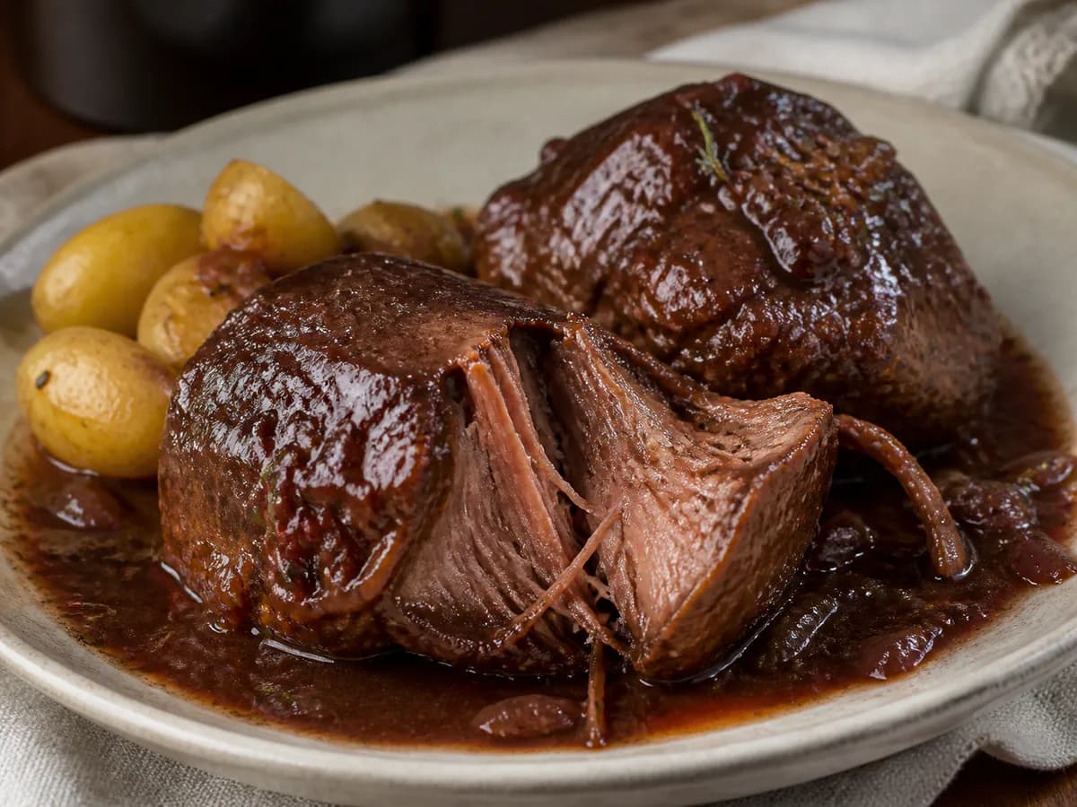 Pormenor de uma porção de Bochechas de Porco Assadas no Forno