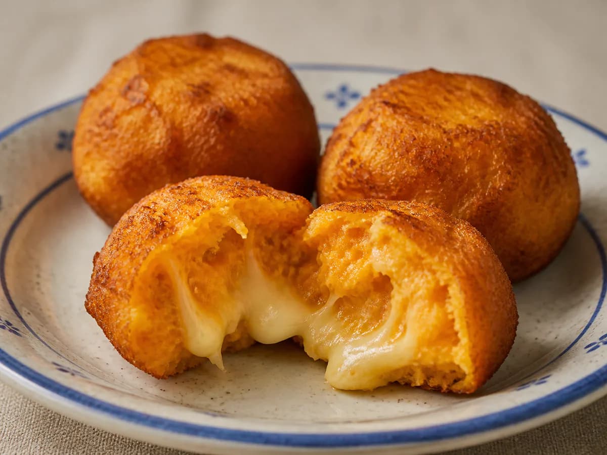 Pormenor de uma porção de Bolinhos de Batata Doce e Queijo