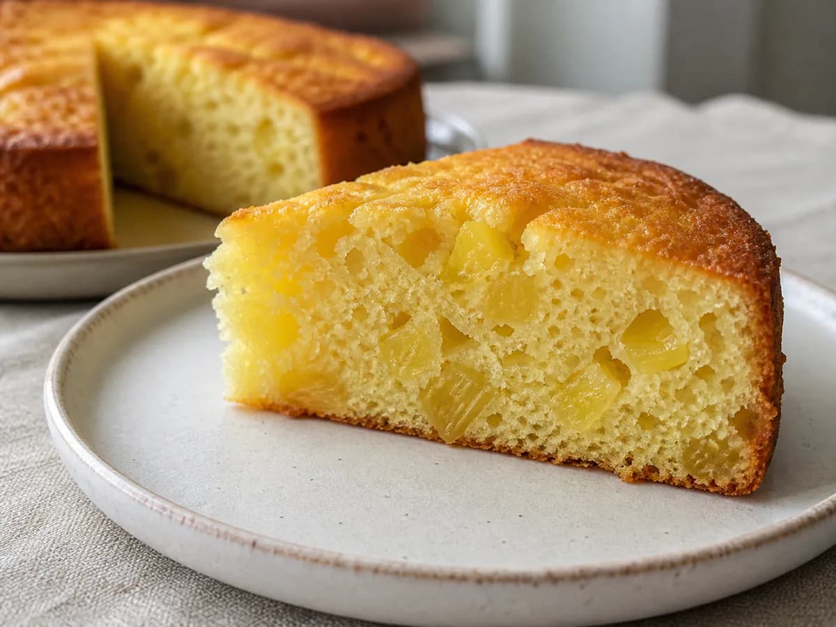 Pormenor de uma porção de Bolo de Ananás e Iogurte com Baunilha