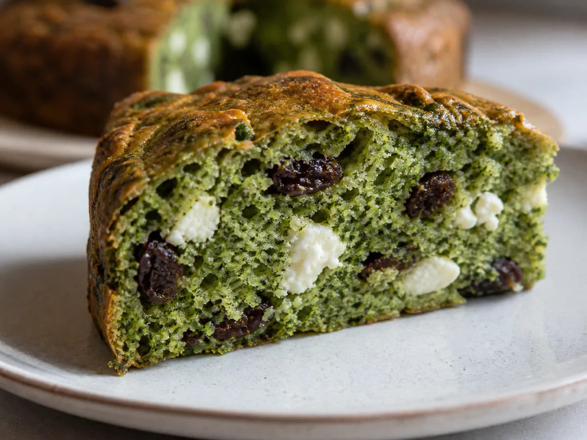 Pormenor de uma porção de Bolo Salgado de Espinafres, Feta e Passas