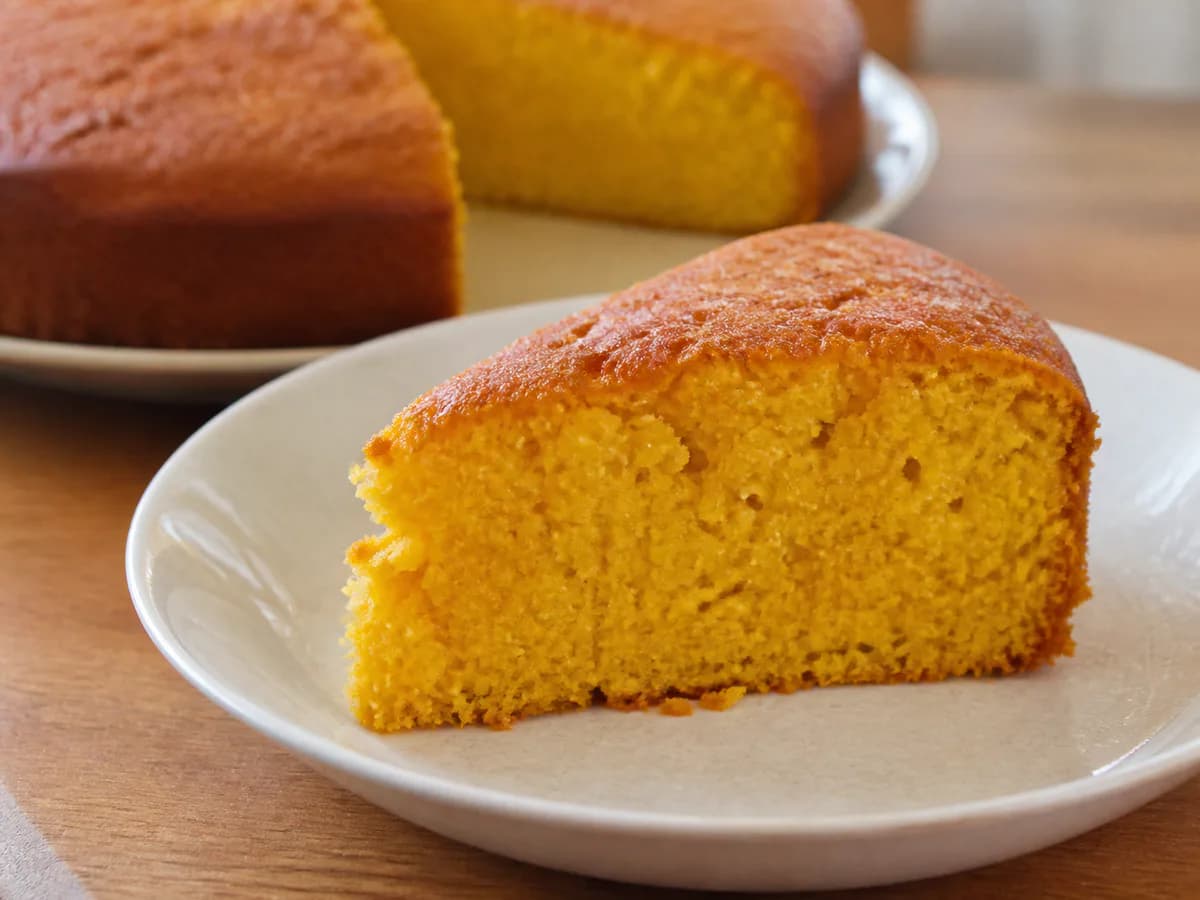 Pormenor de uma porção de Bolo de Cenoura Fácil e Fofo