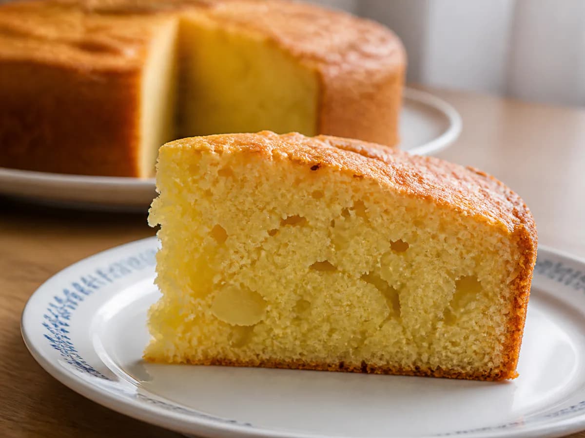Pormenor de uma porção de Bolo de Coco e Ananás Húmido