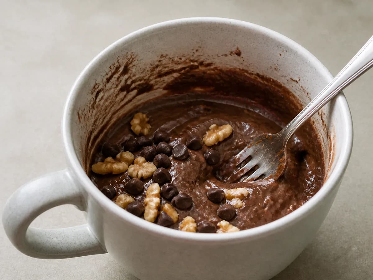 Preparação de Bolo da Chávena Rápido de Chocolate durante a confeção