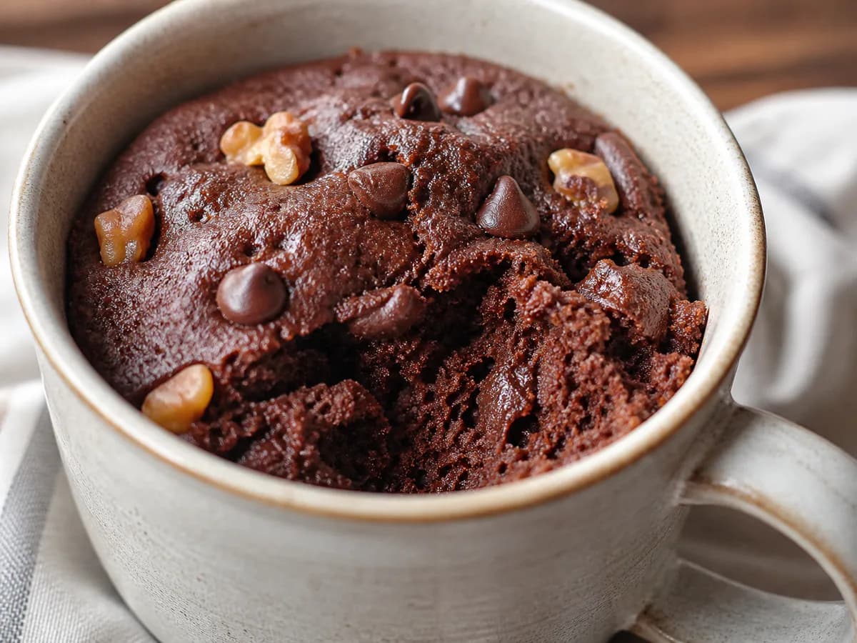 Pormenor de uma porção de Bolo da Chávena Rápido de Chocolate
