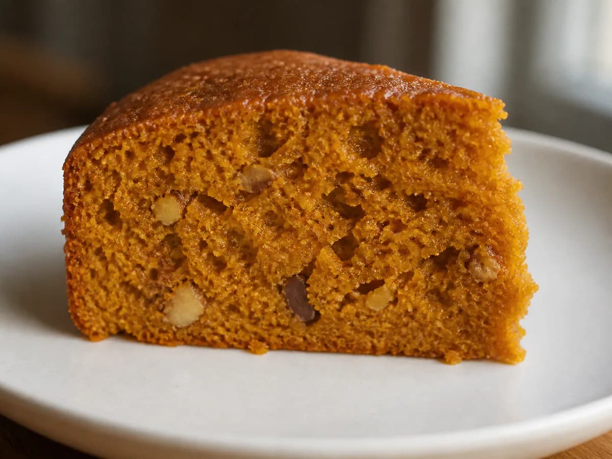 Pormenor de uma porção de Bolo de Abóbora e Noz Moscada