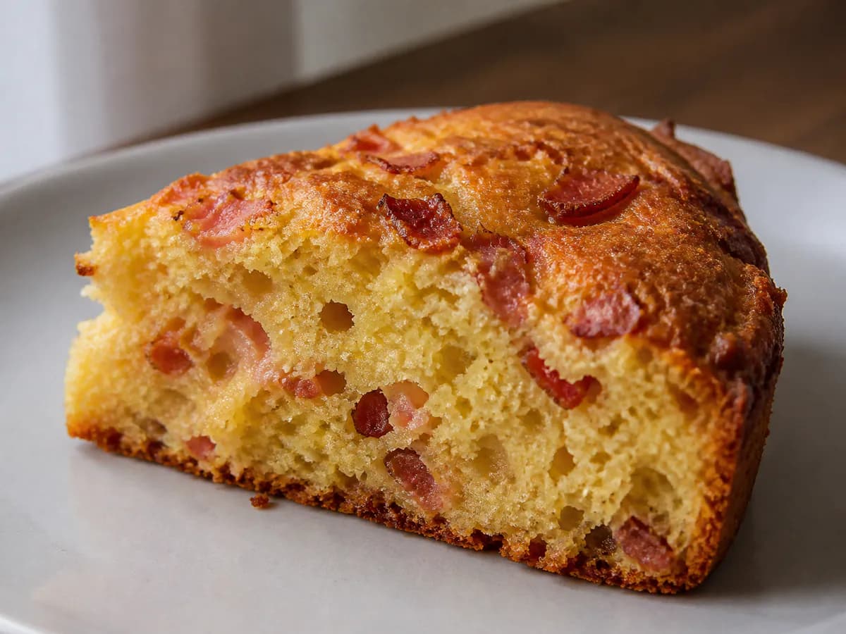Pormenor de uma porção de Bolo de Bacon Salgado