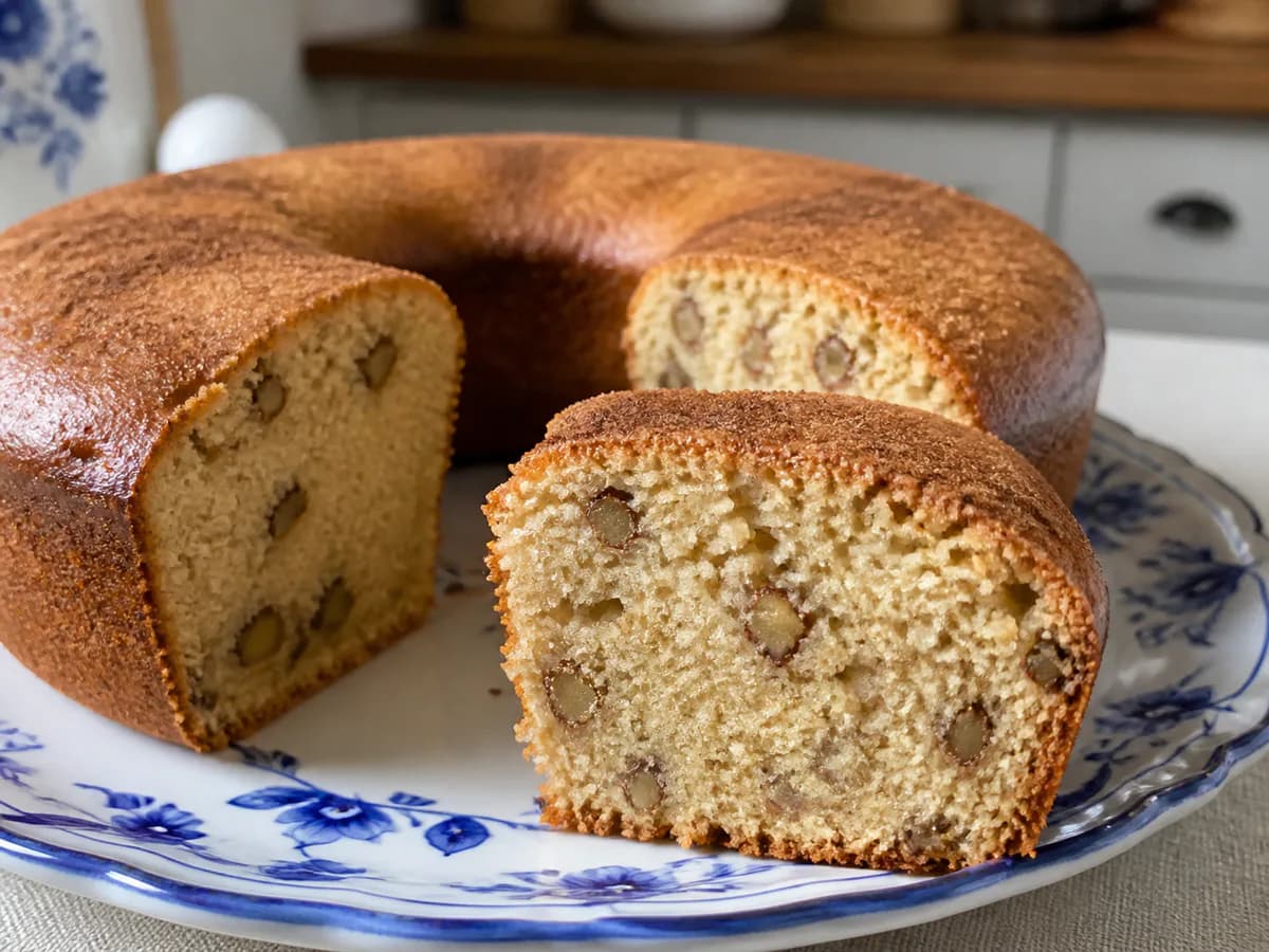 Pormenor de uma porção de Bolo de Canela e Nozes com Óleo e Leite