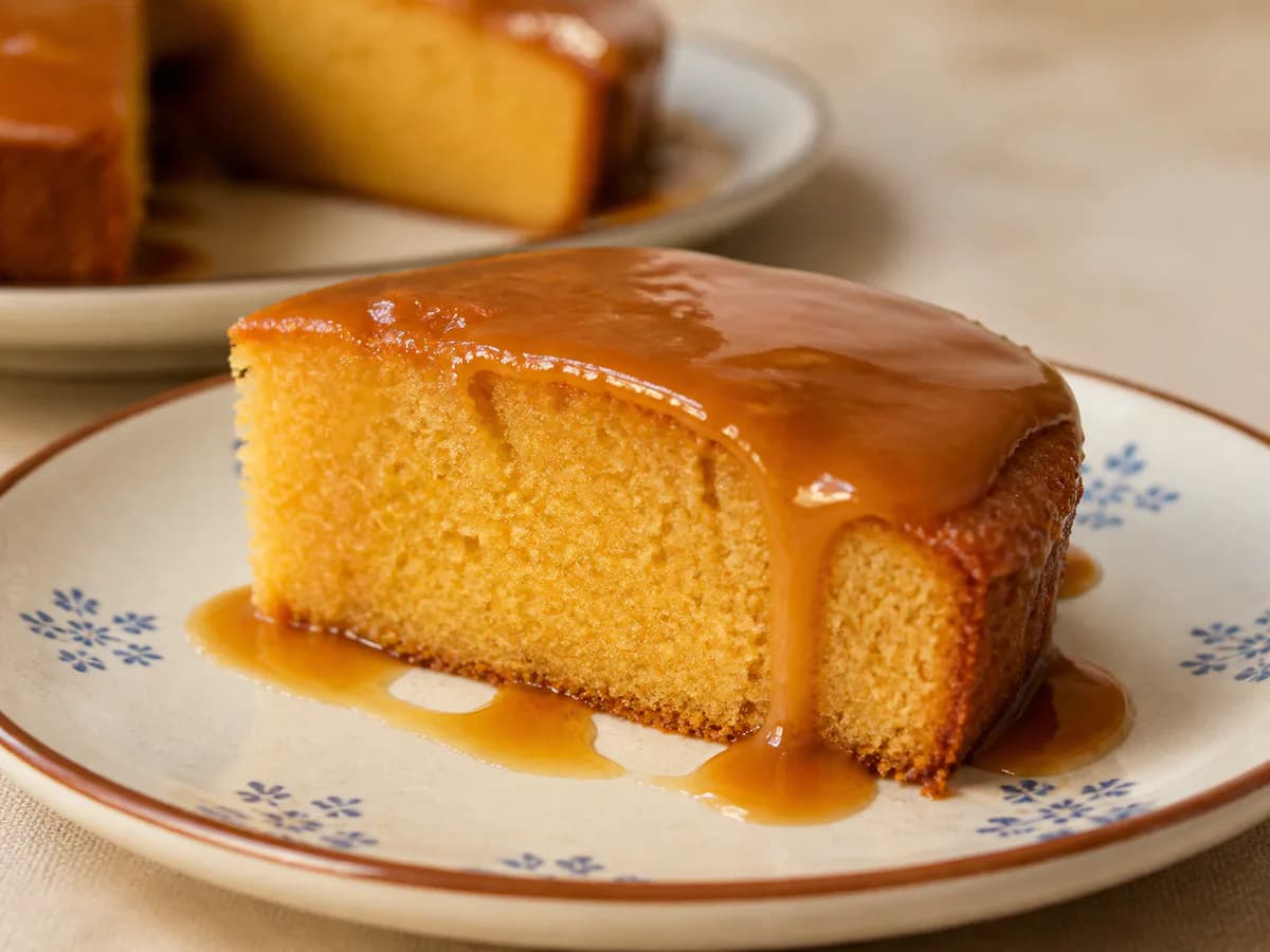 Pormenor de uma porção de Bolo de Caramelo Fofo