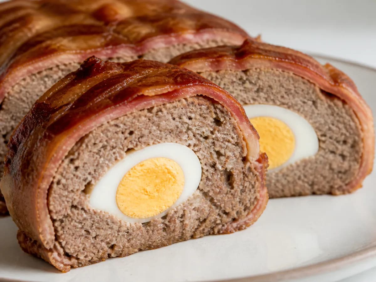 Pormenor de uma porção de Bolo de Carnes com Ovo e Bacon