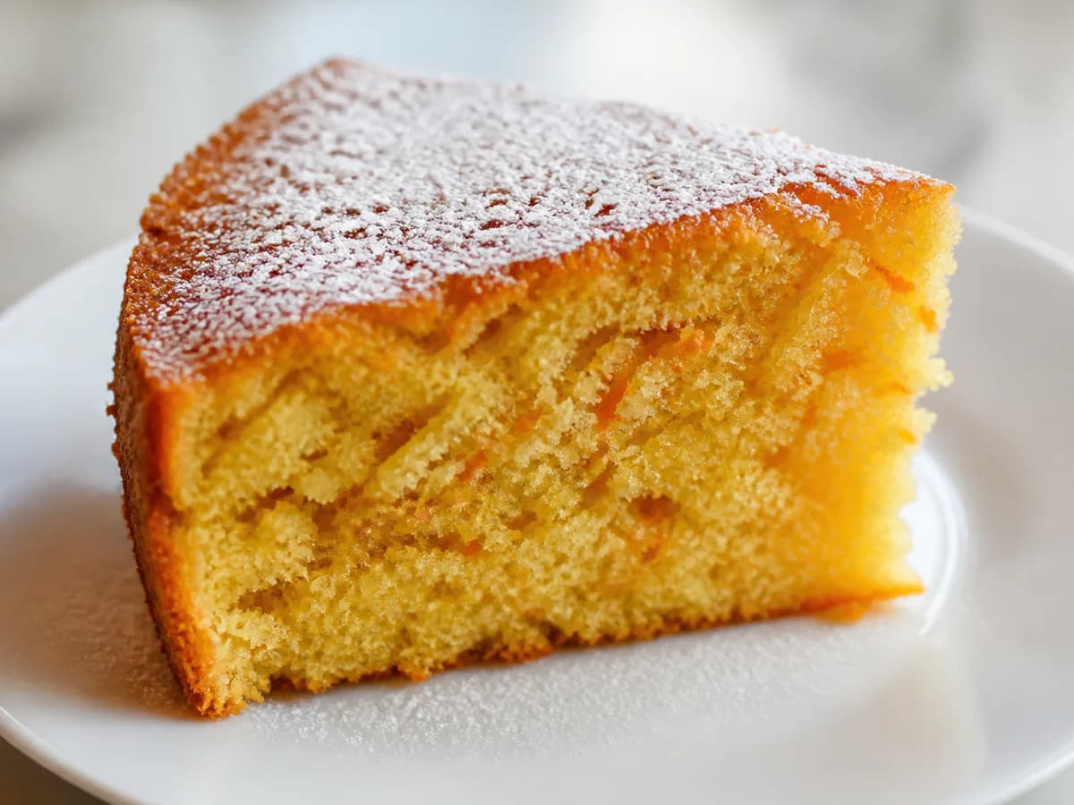 Pormenor de uma porção de Bolo de Cenoura e Leite Cremoso