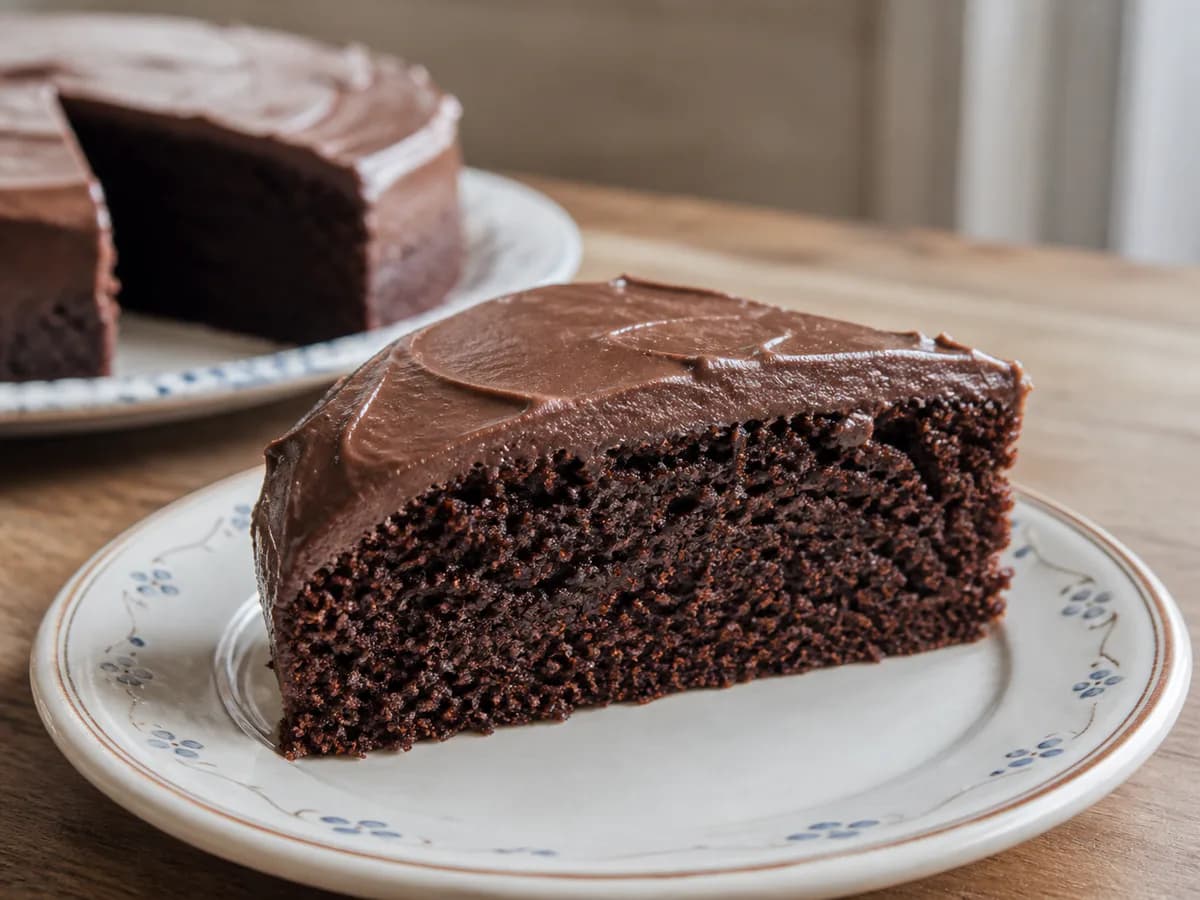 Pormenor de uma porção de Bolo de Chocolate do Tomás