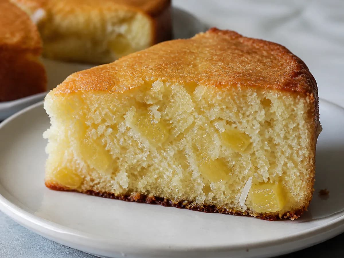 Pormenor de uma porção de Bolo de Coco e Ananás