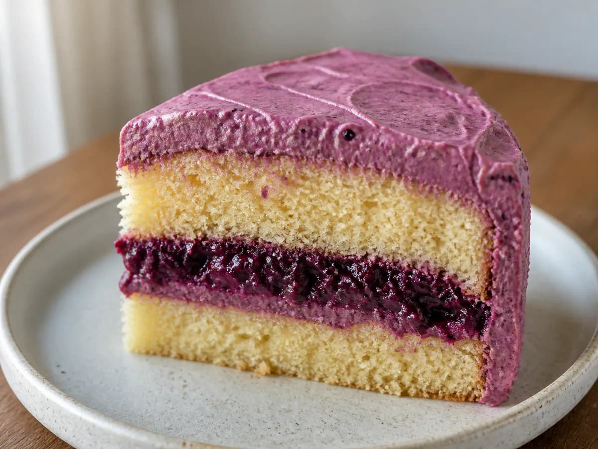 Pormenor de uma porção de Bolo de Creme de Amora
