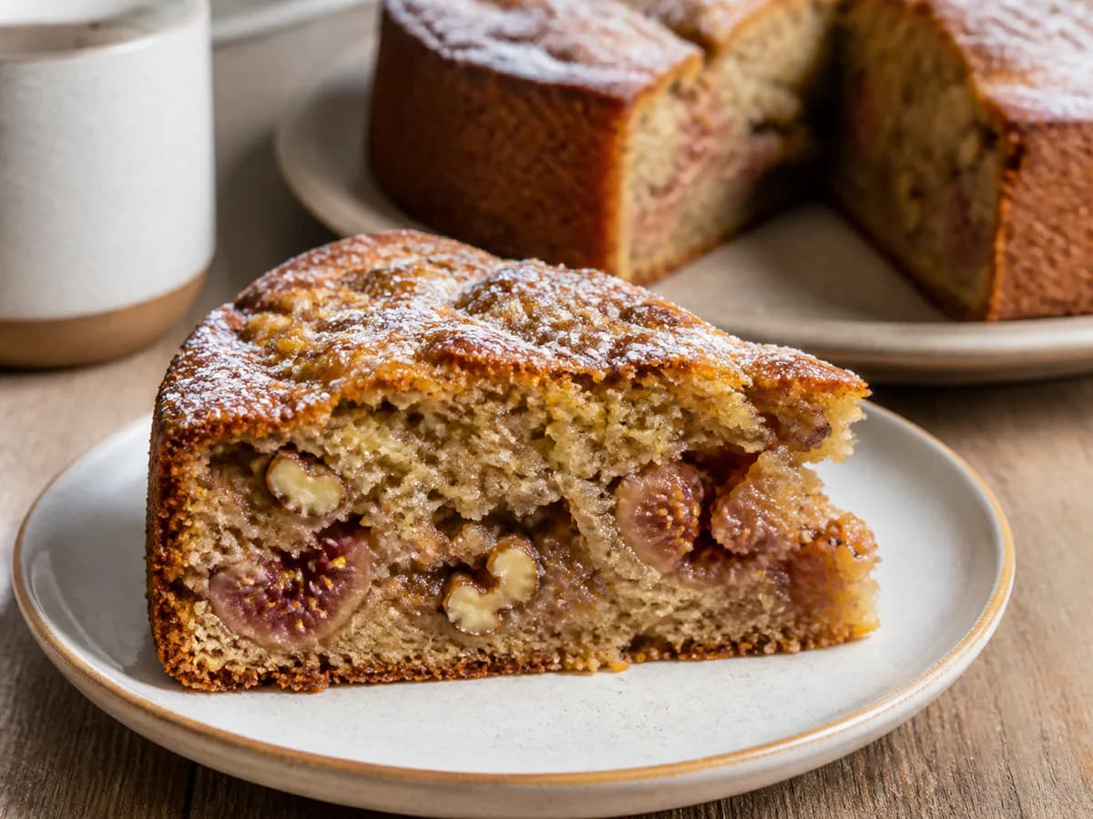 Pormenor de uma porção de Bolo de Figos Frescos com Noz
