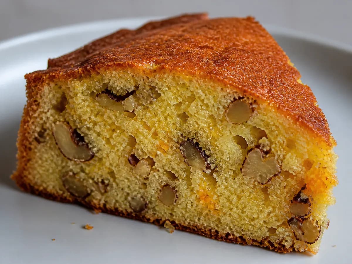 Pormenor de uma porção de Bolo de Laranja e Noz