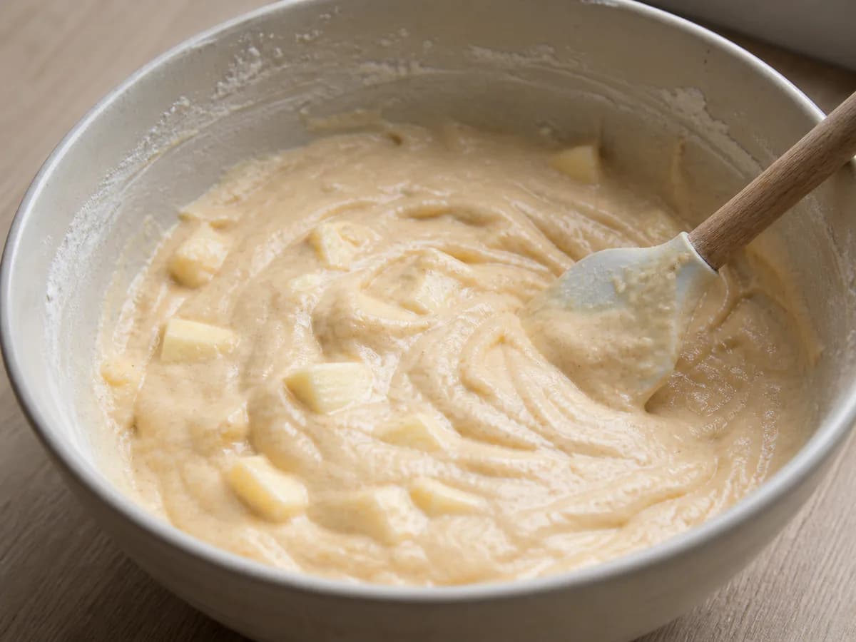 Preparação de Bolo de Maçã com Três Maçãs durante a confeção