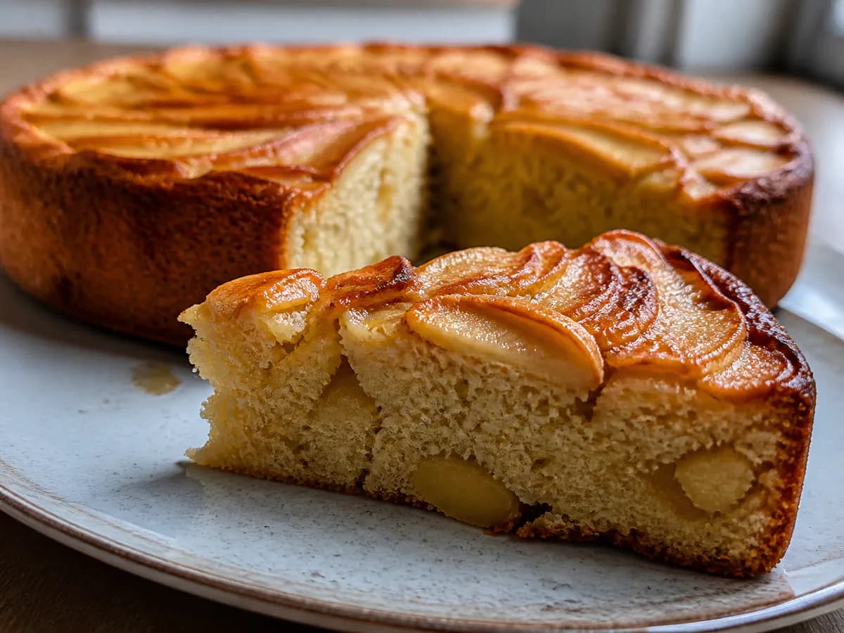 Pormenor de uma porção de Bolo de Maçã com Três Maçãs