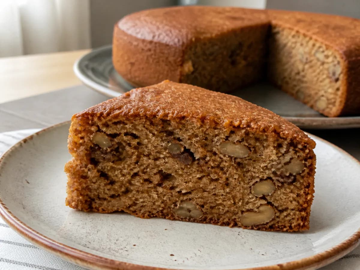 Pormenor de uma porção de Bolo de Mel e Nozes