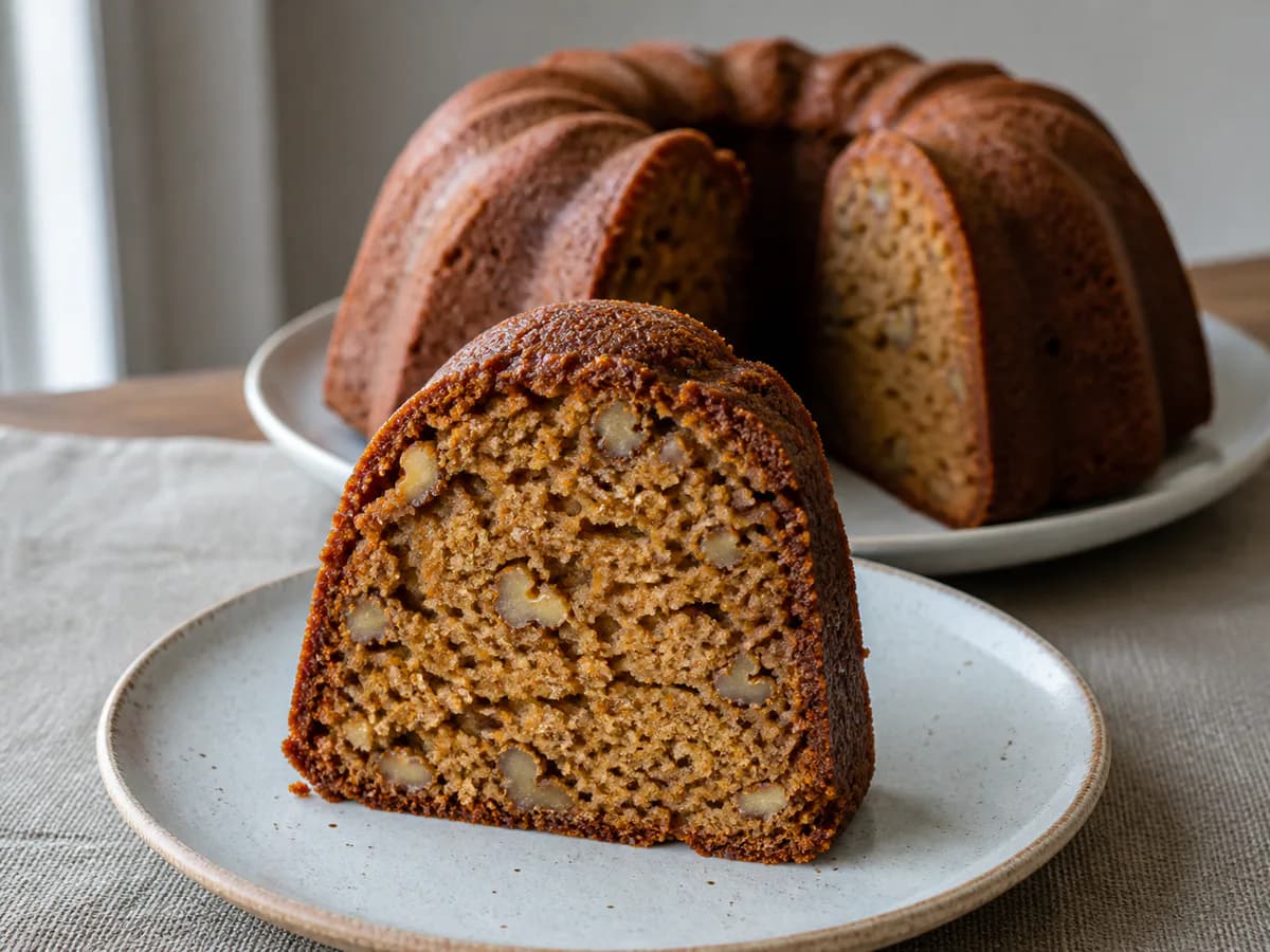 Pormenor de uma porção de Bolo de Mel com Especiarias e Nozes