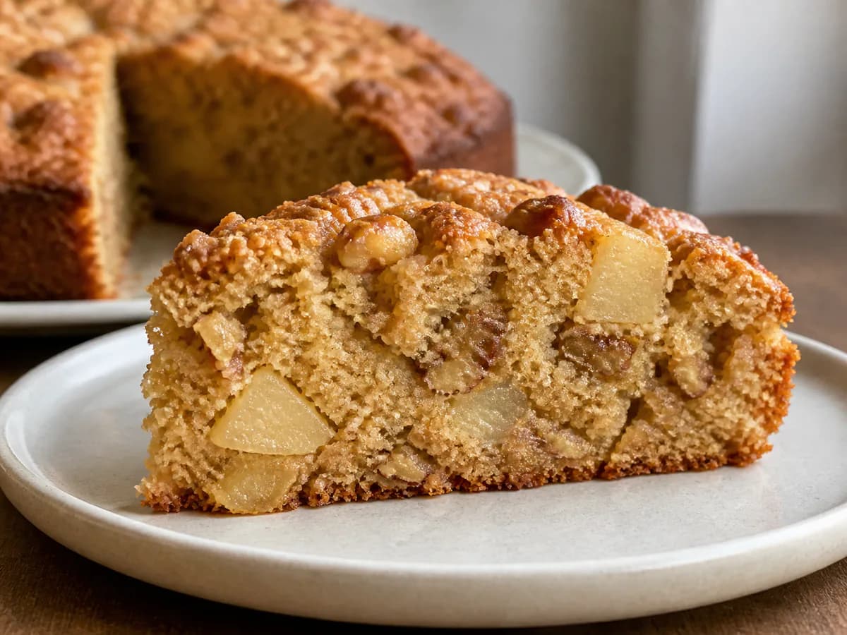 Pormenor de uma porção de Bolo de Pera com Gengibre e Nozes