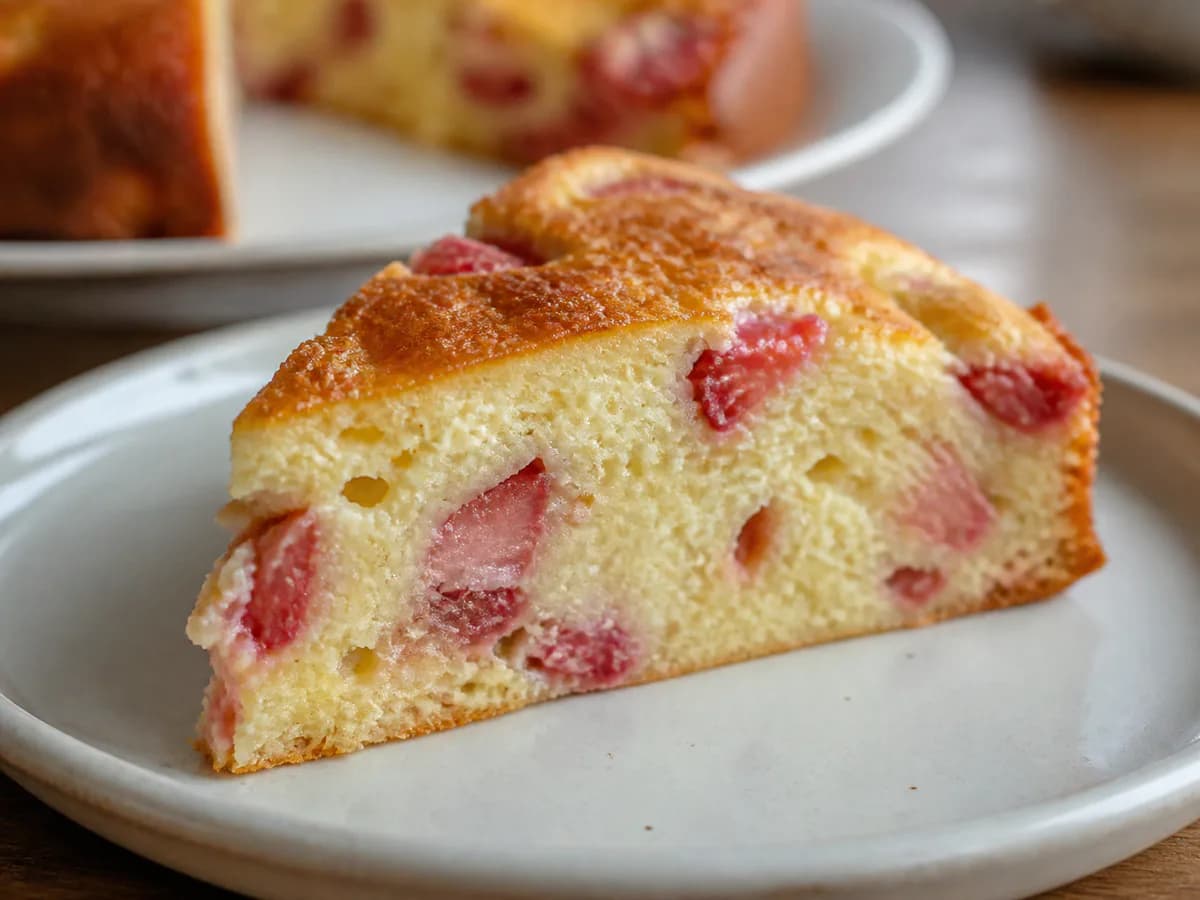 Pormenor de uma porção de Bolo de Queijo e Morango