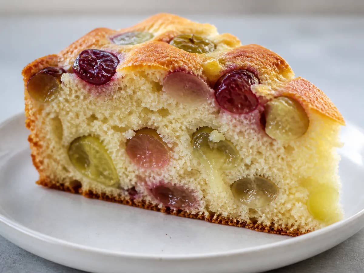 Pormenor de uma porção de Bolo de Uvas Suculentas