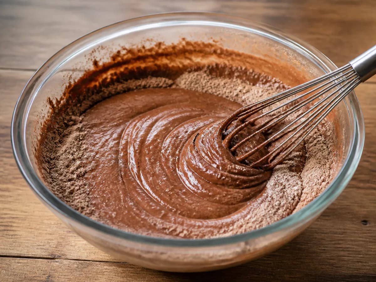 Preparação de Bolo Fofo De Chocolate durante a confeção