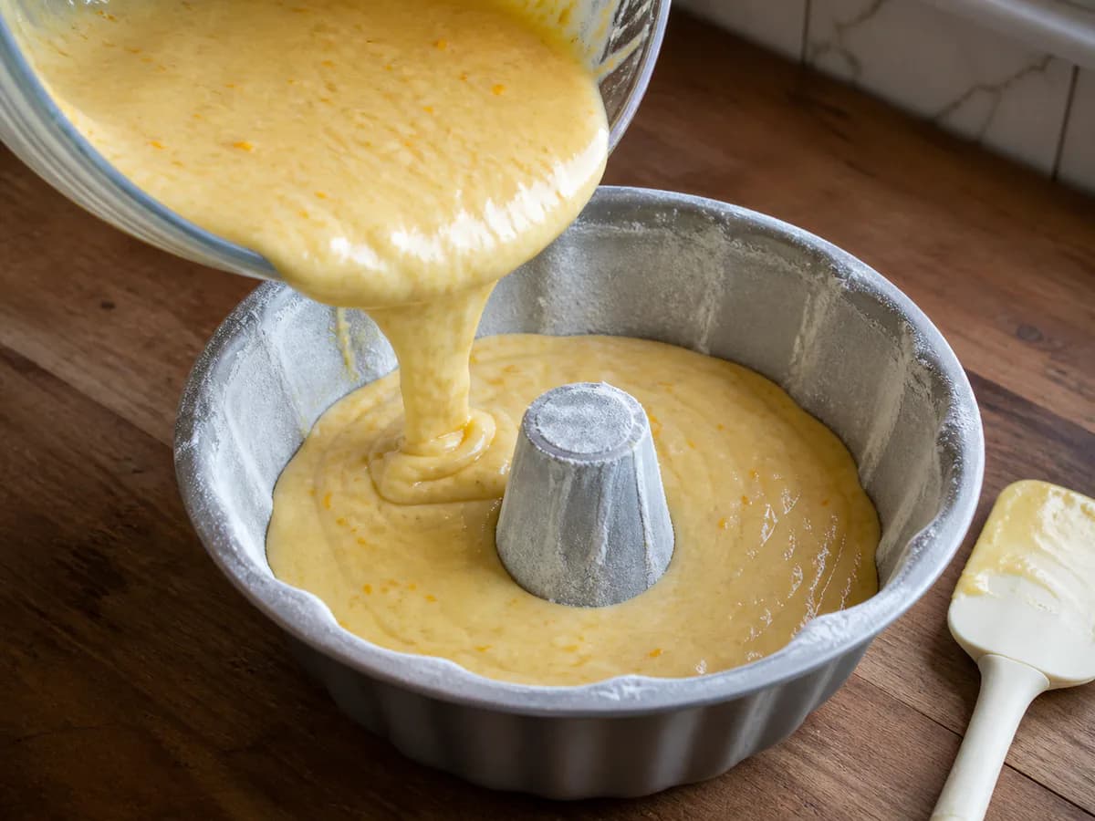 Preparação de Bolo Fofo de Laranja Medido em Chávenas durante a confeção