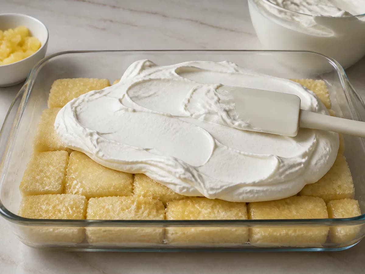 Preparação de Bolo Gelado de Abacaxi durante a confeção