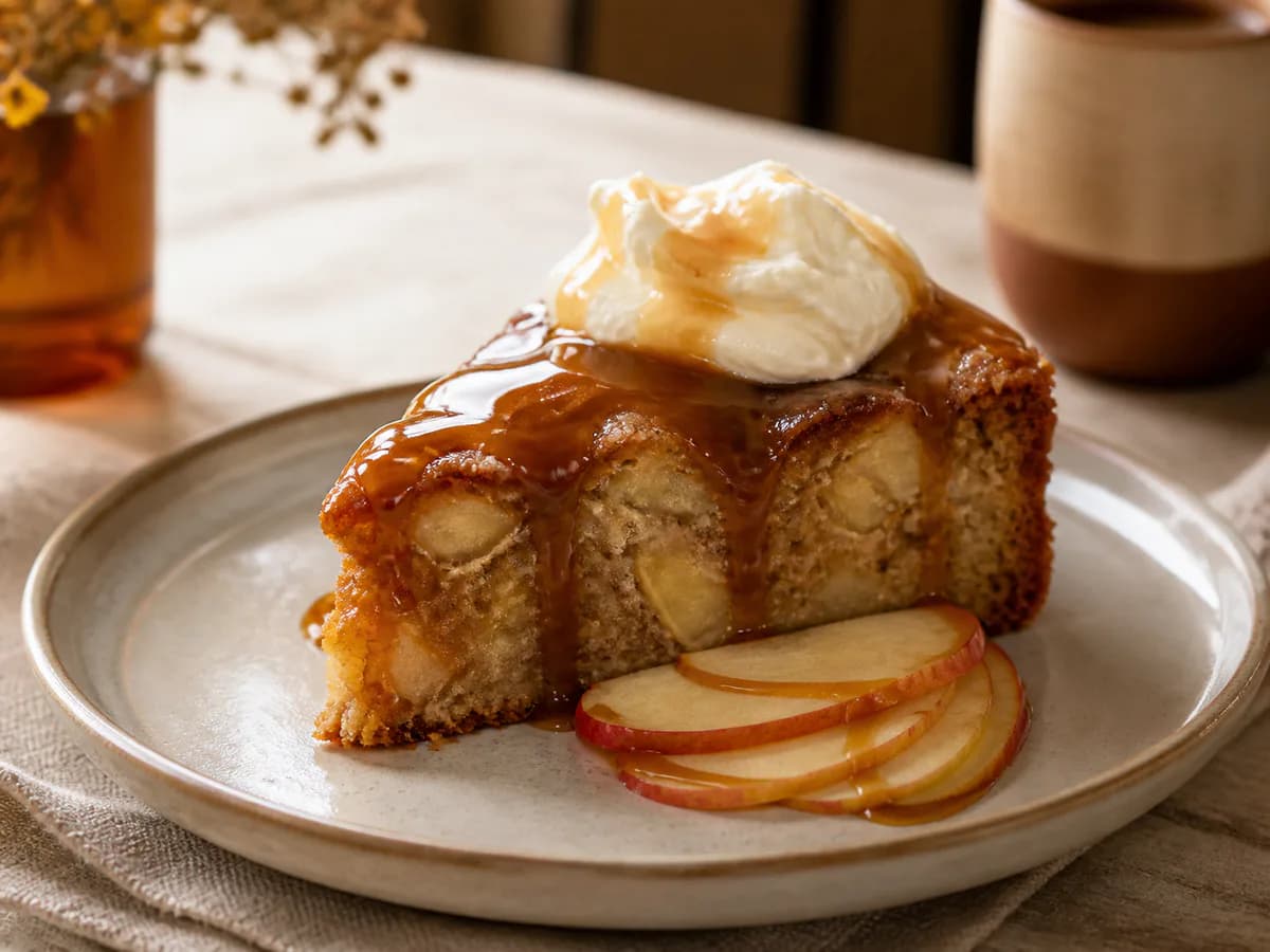 Pormenor de uma porção de Bolo Molhado de Maçã e Caramelo