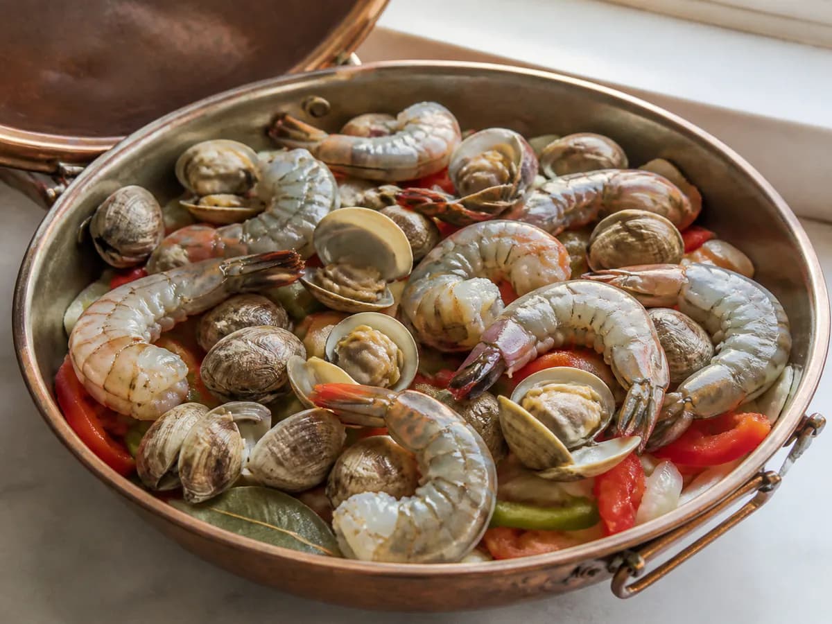 Preparação de Cataplana à Algarvia durante a confeção